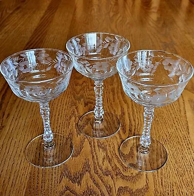 Buy 3 Rock Sharpe Tall Champagne Coupes 6.2  Cut Floral Glass Stem 3005 Vntage 1950s • 37.67£