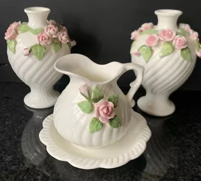 Buy St Michael Ceramic White With Pink Roses - 2 Vases, Jug & Saucer Excellent Cond • 22£