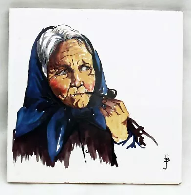 Buy Original Vintage Art Tile Lady Irish Crofter Smoking Pipe Signed Hand Painted • 18£