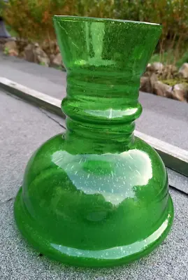 Buy Vintage Green Glass Mid-Century Rustic Vase Bubbles Wide Base 17cms Diameter • 29£