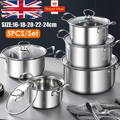 Buy 5Pcs Stainless Steel Cooking Pots Set Casserole Stockpot Pot Hob With Glass Lids • 23.50£