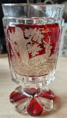 Buy Bohemian  Engraved Ruby/Clear Cut Glass Wine Goblet C1880 • 185£