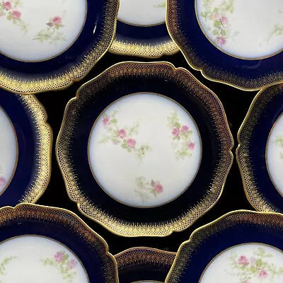 Buy William Guerin Limoges Cobalt And Gold Salad Plates Hand Painted Roses Set Of 10 • 203.98£