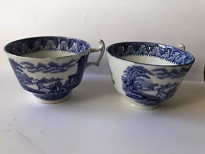 Buy Antique Cauldron Chariot Tea Cups Blue White X 2 Old C18 • 15£