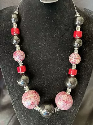 Buy Gorgeous Crackle Glass Statement Necklace In Red/Black & Pink Huge Beads 186 • 4.95£