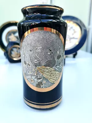 Buy Art Of Chokin - Pair Of Peacocks Cylinder Vase - 152mm (6 ) - 24ct Gold On Black • 10£
