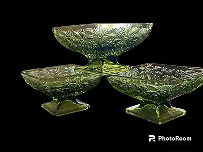 Buy 3 Vintage Indiana Glass Green Floral Pedestal Diamond Bowls • 27.96£