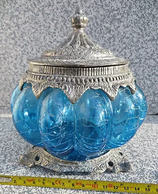 Buy Blue Crazed Glass Trinket Pot With Silver Metal Framing Collar & Lid • 14.99£