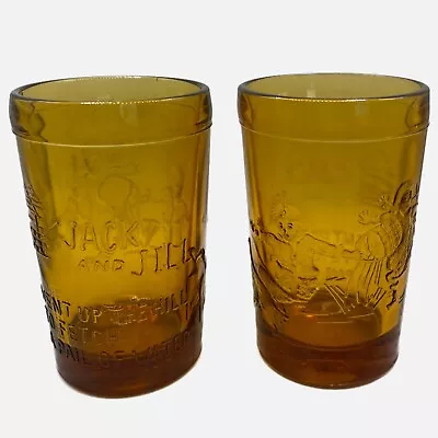 Buy Tiara Indiana Glass Tumblers Nursery Rhyme Jack & Jill Amber Set 2 Vintage 1970s • 18.22£