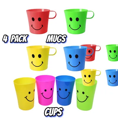 Buy 4 PCS Children's Smiley Face Plastic Cups Mugs Beakers Drink Travel Kitchen • 6.85£