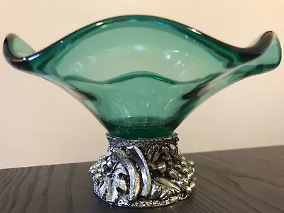 Buy Vintage Green Glass Bowl Scalloped Edges And Silver Tone Pewter Fruit  Base. 7” • 11.38£