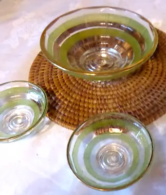 Buy Vintage Green Sugar Frost Glass Serving Bowl & 2 Small Bowls/Very Good Condition • 6.99£