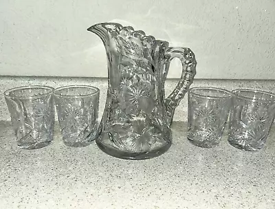 Buy Antique ABP Cut Glass Water Set Pitcher W/ 4 Tumblers Cut Thistle & Cosmos • 144.07£
