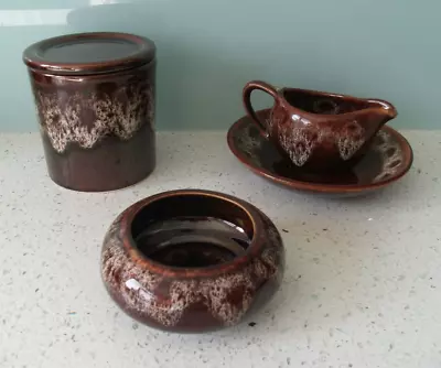 Buy WEST COUNTRY POTTERY BROWN HONEYCOMB STORAGE JAR, JUG, SAUCER & DISH C.1970s • 12.99£