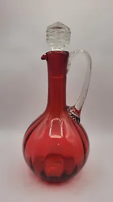 Buy Vintage Ribbed Cranberry Glass Handblown Decanter With Clear Applied Handle • 23.71£