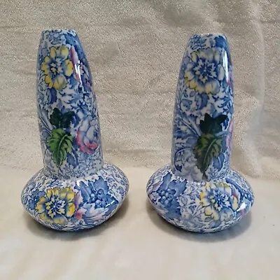 Buy 2 Vintage Blue White Brocade Pattern Woolworths 1930s 15.5cm Ceramic Vases  • 17.50£
