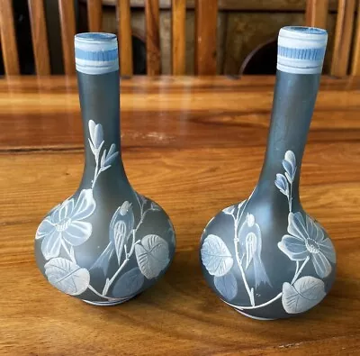 Buy Thomas Webb Style Pair Of Cameo Glass Vases Blue Decorated In White . H 15 Cm • 25£