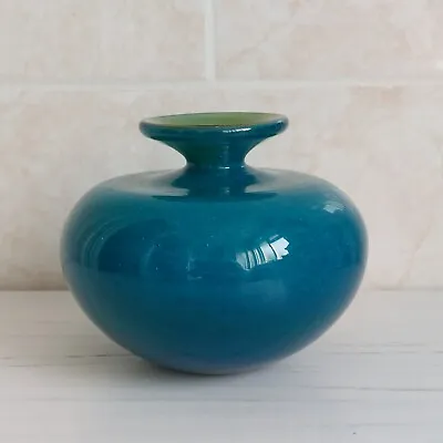 Buy Mdina Blue Green Vase Squat Globe Art Glass Vintage 70s MCM Maltese • 30£