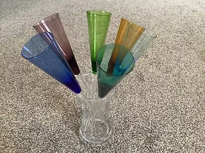 Buy Set 6 Coloured Champagne Flutes In Clear Glass Vase Footless Glasses Harlequin • 14.99£