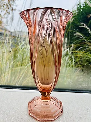 Buy Large Art Deco Pink Glass Pedestal Vase 26.5cm • 11.99£