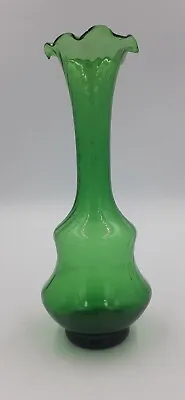 Buy Art Nouveau Green Glass Vase, Spiral Twists, Fluted Rim 20cm Hand Blown • 9£