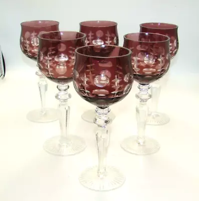 Buy Vintage Bohemian Glass Amethyst Cut To Clear 6 Wine Hock Goblets • 28.46£