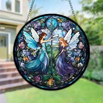 Buy Fairy Themed Round Sun Catcher Stained Glass Effect Painted Hanging Decor 15cm • 8.54£