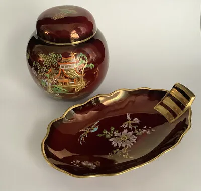 Buy Vintage Carlton Ware Rouge Royale 14cm Tall Ginger Jar & Oval Dish 21cm X 13cm • 31.45£