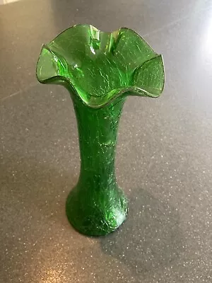 Buy Vintage Tall Bristol Green Crackle Glaze Fluted Top Hand Blown Vase • 12£