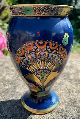 Buy Rare Blue Art Deco CARLTON WARE  Egyptian Fan  Geometric Design Vase #3696 • 99.99£