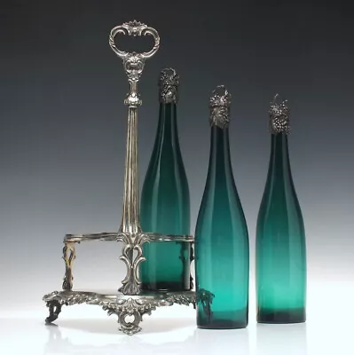 Buy Three 19th Century Green Glass Serving Bottles In Silver Plated Stand C1830 • 750£