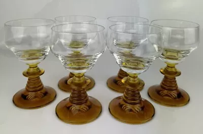 Buy Vintage Wine Glasses Rummer Yellow Stem Etched German MCM 1960 - Set Of 6 • 38.95£