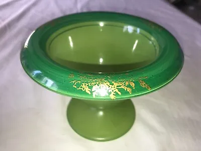 Buy Antique DEPRESSION Green GLASS Gold FLORAL Decal PEDESTAL Rolled Edge BOWL Dish • 32.18£