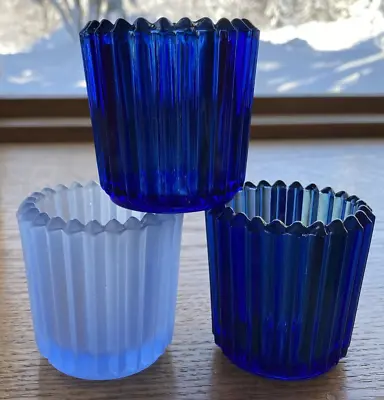 Buy Lot Of 3 Ribbed Vintage Indiana Glass Votive Candle Holders Blue Frosted • 12.76£