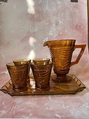 Buy Vintage Sowerby Amber Glass Jug Set With  4 Glasses And Tray Art Deco Style • 40£
