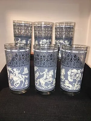 Buy Vintage Hazel Atlas Arabian Knights Blue Wedgwood Glass Tumblers Set Of 6 • 24£