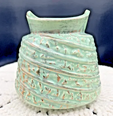 Buy Seafoam Green Pottery Brutalist Style Art Short Pottery Vase  Gold Accents • 106.17£