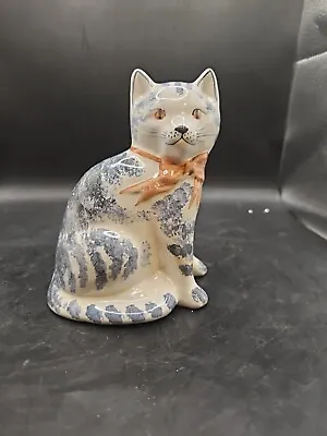 Buy Rye Pottery Ceramic Hand-Painted Cat. Blue And White Stripes, Made In England • 30.69£