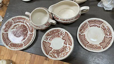 Buy 12 PCs Alfred Meakin Fair Winds Brown Staffordshire China Plates Gravy Bowl • 47.25£