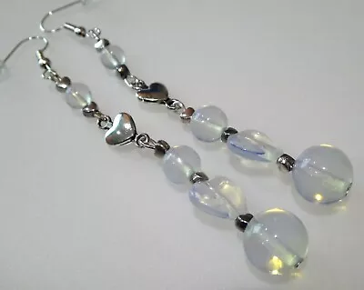 Buy Vintage Art Deco Look Heart, Opalite Glass Long Drop Earrings Jewellery Gift • 9.49£