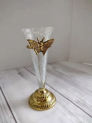 Buy Vintage Crackle Glass Bud Vase Butterfly Brass Ring Accent • 13.28£