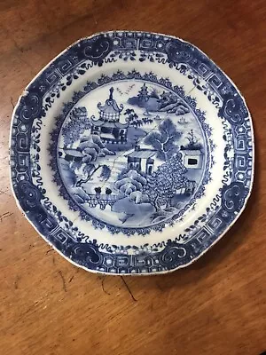 Buy Antique Chinese Export Plate C18th Porcelain Blue White Pagoda Pattern Stapled • 9.99£
