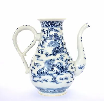 Buy 1900's Chinese Blue & White Porcelain Teapot Wine Pot Dragon • 481.78£