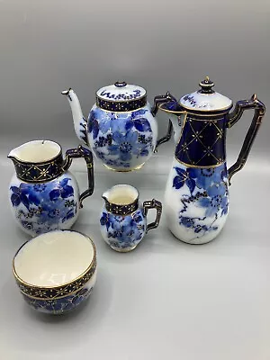 Buy Beautiful Antique Flow Blue & Gold Edge Malkin & Co Tea Coffee Set 1884-1903 (C2 • 249.99£