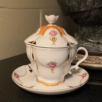 Buy Lomonosov Porcelain Cup & Saucer With Lid Rose & Gold Laurel Chain - 3 Available • 62.29£