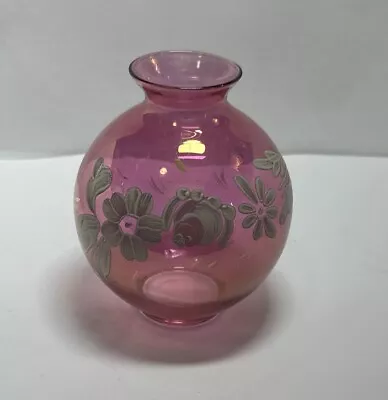 Buy Vintage Rainbow Glass Co. Cranberry Glass Vase W/ Hand Painted Off White Floral • 11.57£