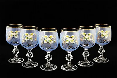 Buy Bohemian Crystal Enameled Colored Wine Goblets, Vintage Blue Glasses Set Of 6 • 78.74£