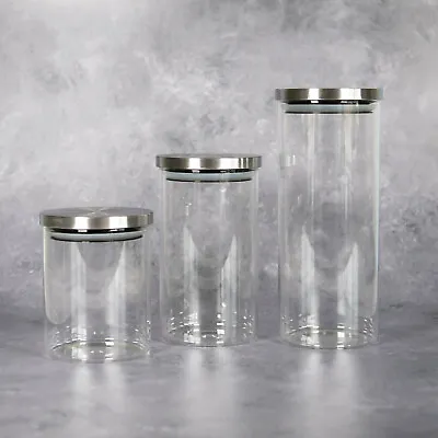 Buy Set Of 3 Glass Jars With Lids Storage Canisters Food Containers Pasta Sugar Rice • 16£