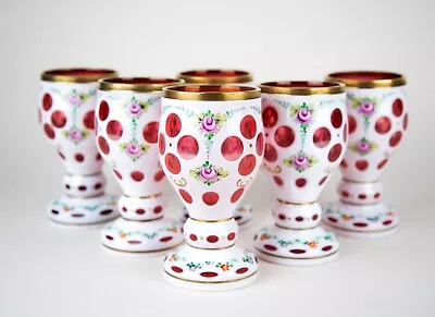 Buy Czech Bohemian Cased Overlay Enameled Glass Cut To Cranberry Wine Goblet Set (6) • 213.33£