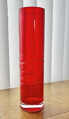 Buy Vintage Murano Style Tall Ruby Red Cased Cylinder Vase, ( 12.5” Inches Tall ) • 22£
